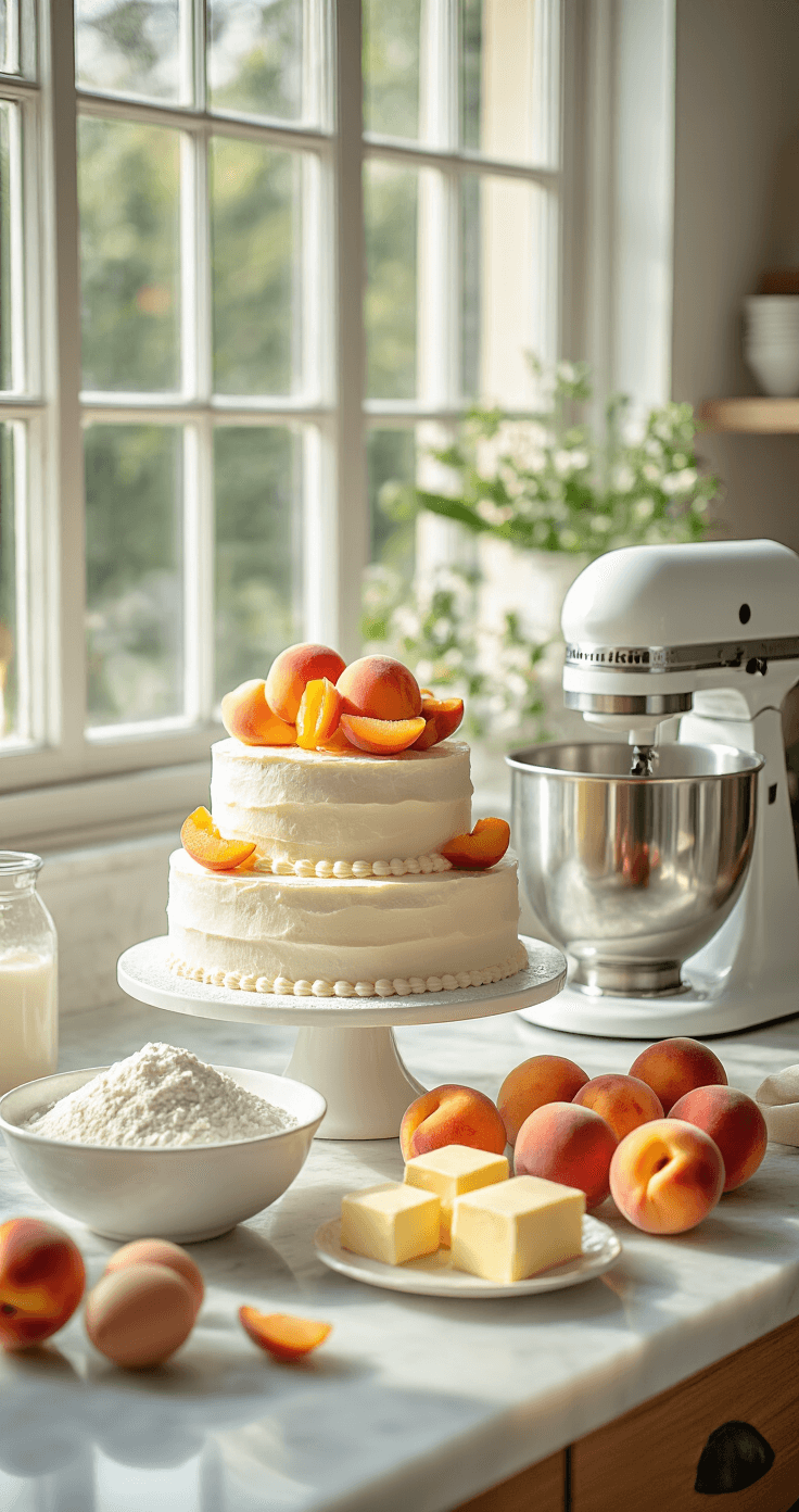 A sunlit professional kitchen with a marble countertop displaying measured ingredients for a peach wedding cake, including white flour, eggs, butter, and fresh peaches, with a stand mixer and warm natural light.