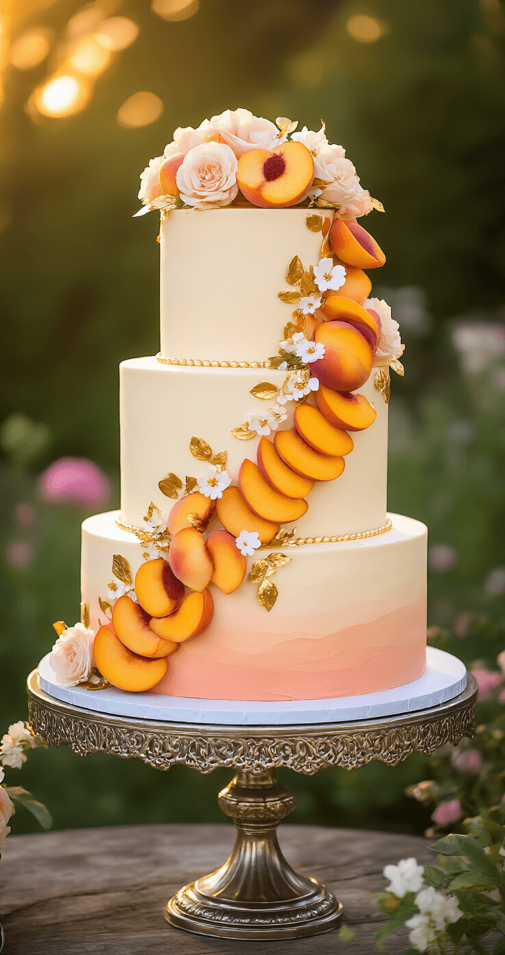 Three-tiered peach and cream wedding cake on a silver stand, featuring ombre frosting, fresh peach slices, gold leaf accents, and edible flowers, illuminated by warm golden hour light in a garden setting.
