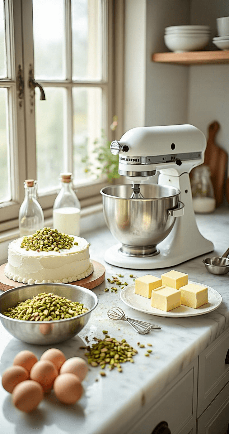 A sunlit kitchen scene showing the preparation of a rosewater pistachio wedding cake, with ground pistachios in a metal bowl, measured ingredients, and eggs and butter on a marble countertop. A professional stand mixer and rosewater bottles are also present.