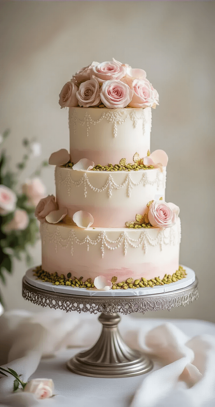 Three-tiered wedding cake with blush pink rosewater buttercream, ombré effect, garnished with crushed pistachios and edible rose petals, on a silver stand with intricate lace-like piping and gold leaf accents, set against a soft-focused elegant backdrop.