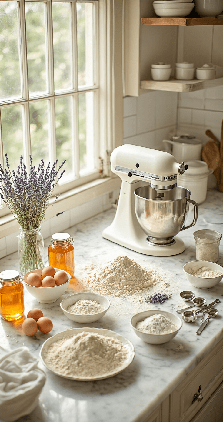 Overhead view of a bright kitchen workspace with a marble countertop featuring ingredients for baking a wedding cake, including golden honey, dried lavender, fresh eggs, and sifted flour in vintage mixing bowls, alongside a stand mixer and gleaming measuring tools.