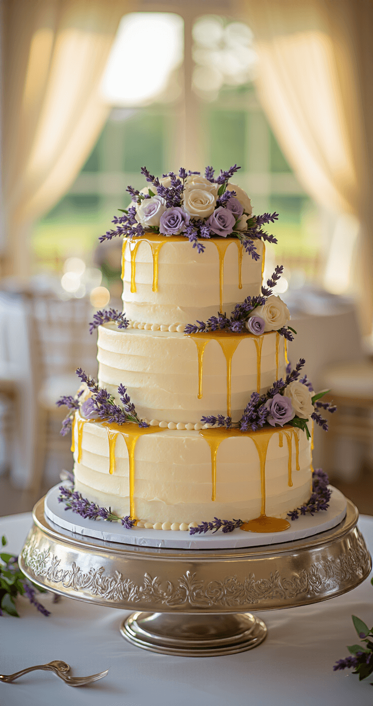 Close-up of a three-tiered lavender honey wedding cake on a silver stand, adorned with cream frosting, fresh lavender, and edible flowers, with golden honey dripping down one side, set against an elegantly draped wedding venue backdrop.