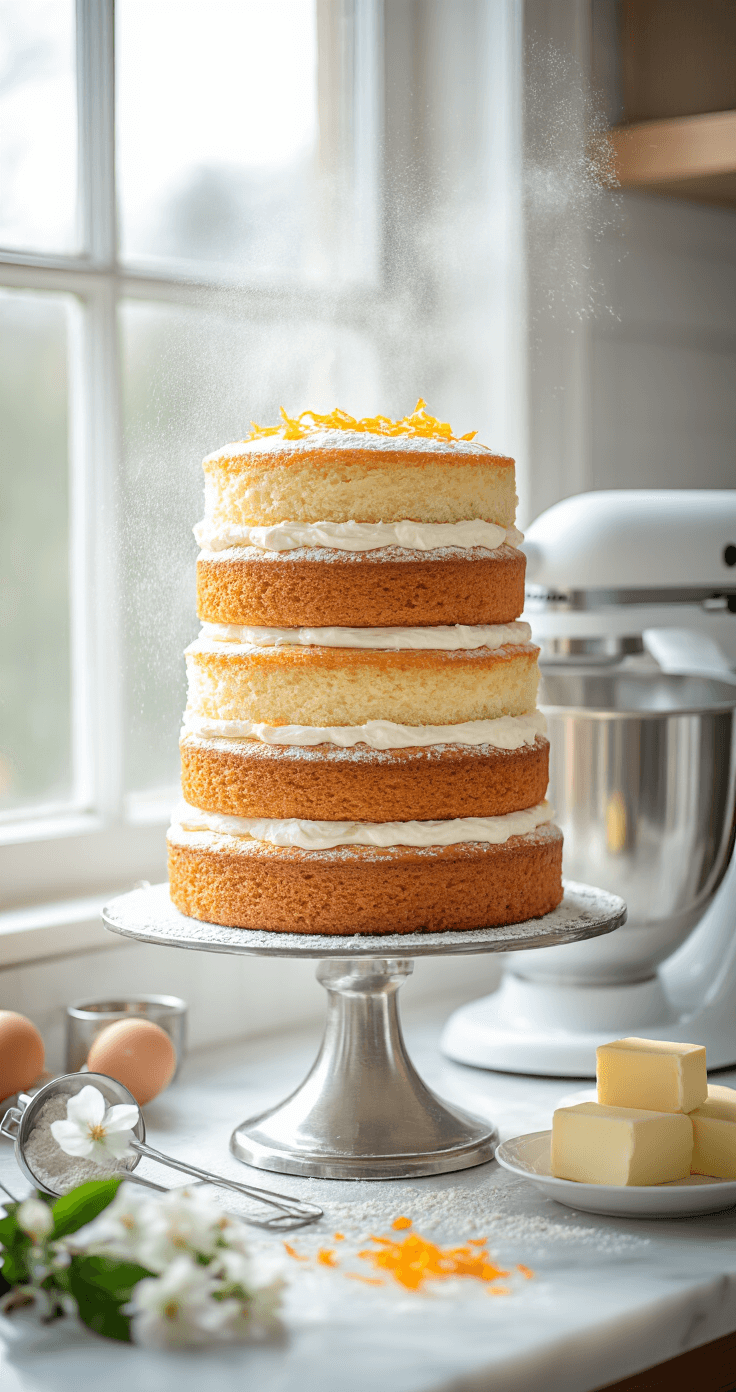 Close-up of three stacked cake layers on a silver stand, with powdered sugar and orange zest on a marble countertop, illuminated by soft natural light. A stand mixer and measuring tools are in the background, alongside fresh orange blossoms and butter.