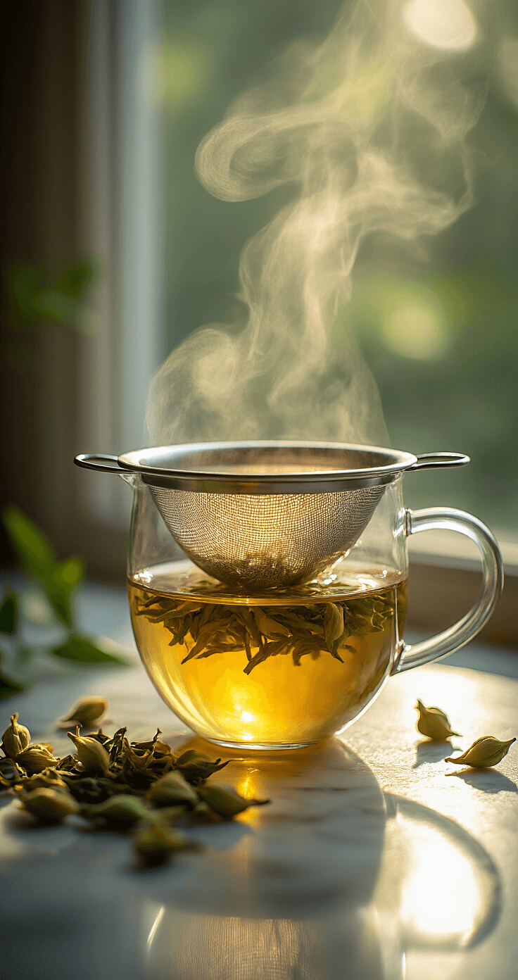 Close-up of jasmine green tea being strained, with golden-green liquid illuminated by morning light, steam rising gently, and dried jasmine flowers on a marble countertop.