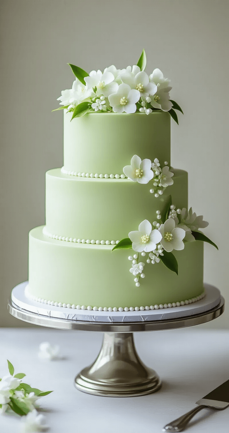 Three-tiered jasmine green tea cake on a silver stand, featuring pale green layers, translucent buttercream, fresh jasmine flowers, and pearl details, under soft studio lighting.