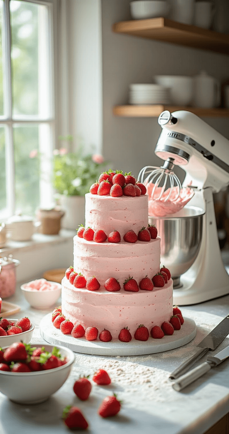 A professional kitchen bathed in sunlight, showcasing the preparation of a three-tiered hibiscus strawberry wedding cake, with fresh strawberries and dried hibiscus flowers on a marble countertop, a stand mixer blending pink batter, and soft dust of flour illuminated in the air.