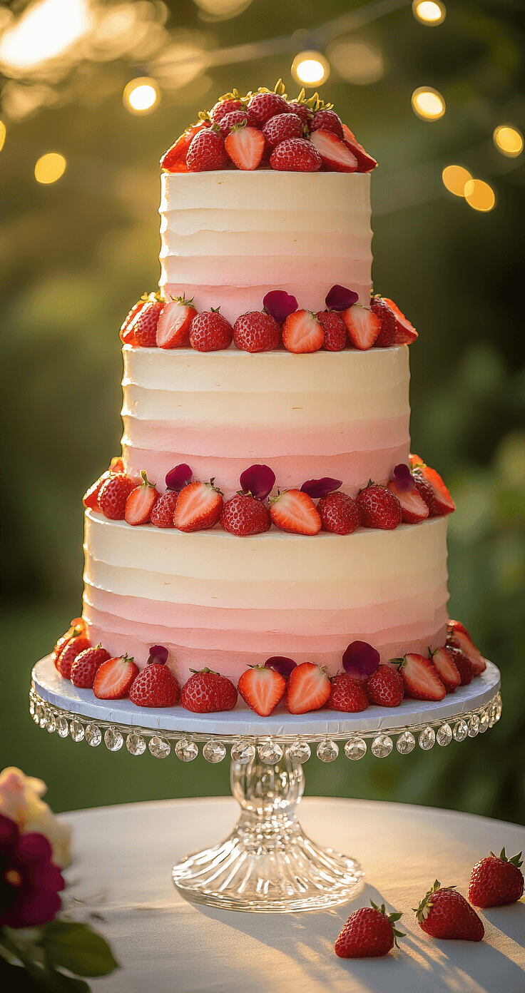 An elegantly styled three-tiered wedding cake with pink-tinted buttercream, cascading fresh strawberries, dried hibiscus petals, and edible gold dragees, displayed on a crystal stand in a softly lit garden with string lights.