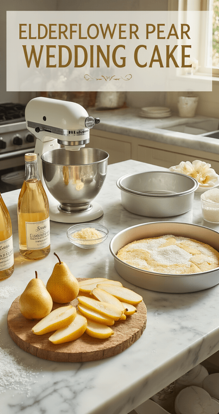 A sunlit professional kitchen featuring a marble countertop with measured ingredients for an elderflower pear wedding cake, including golden pear slices, crystalline sugar, and elderflower cordial, alongside a stand mixer and lined cake pans.