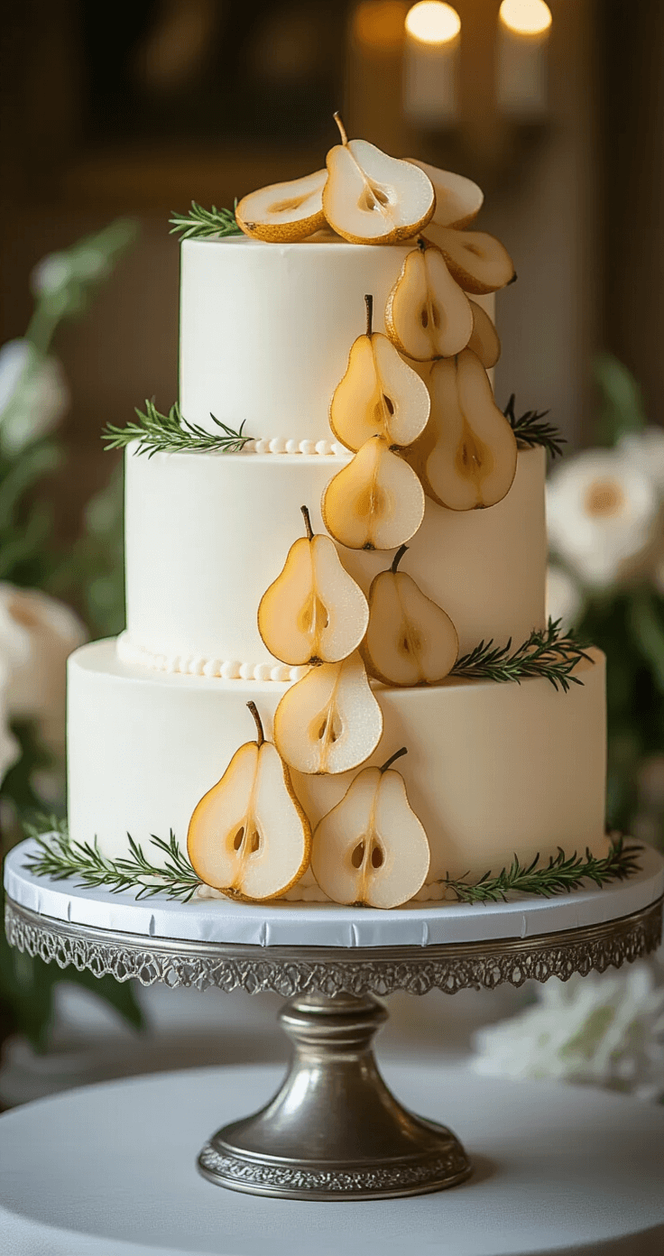 A three-tier elderflower pear wedding cake on an antique silver stand, adorned with dried pear slices and edible gold glitter, featuring a smooth ivory buttercream finish and fresh herbs, set against a blurred elegant wedding backdrop.