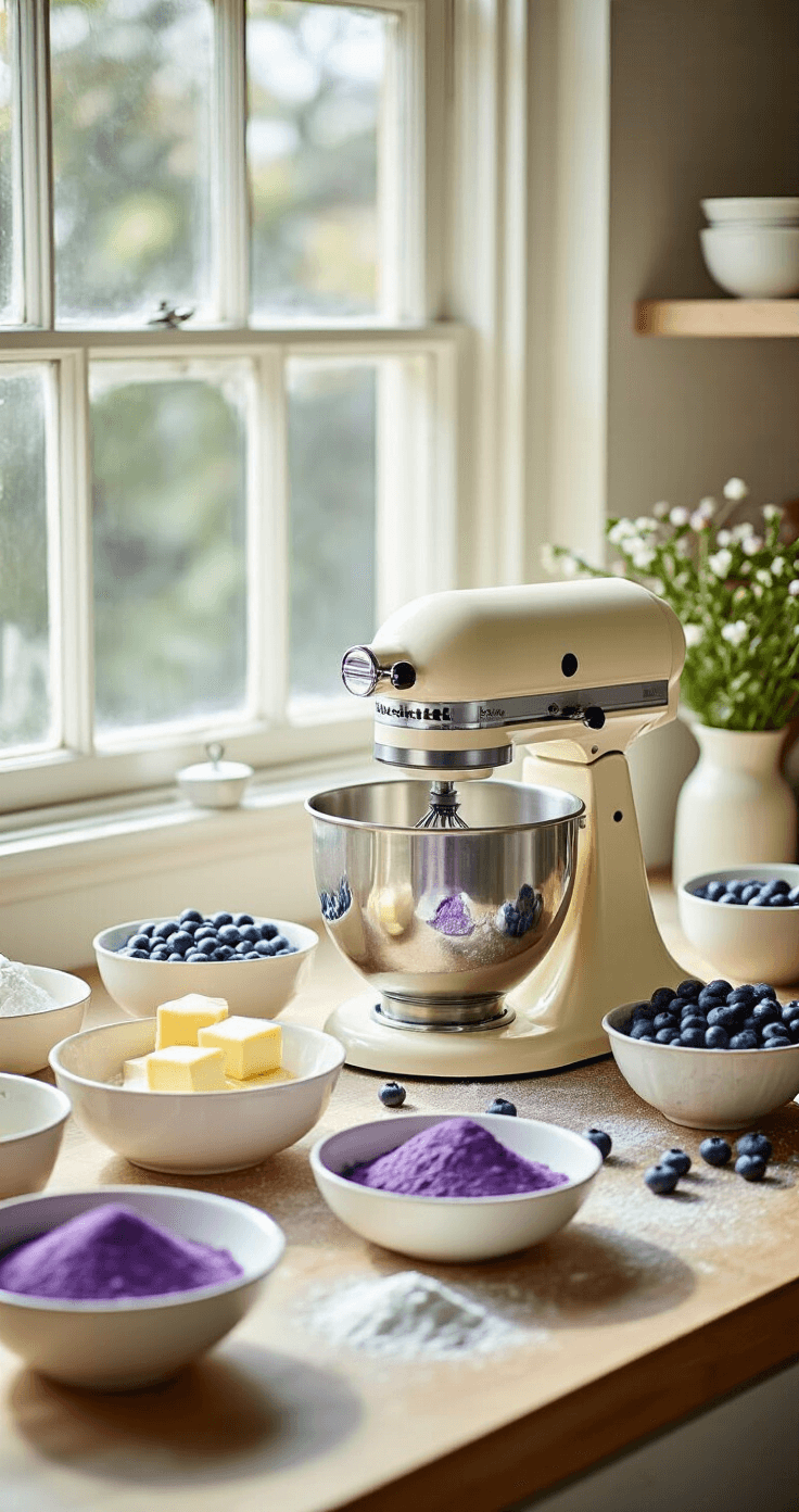A professional kitchen with a vintage cream-colored stand mixer, surrounded by organized ingredients for a violet blueberry wedding cake, including vibrant purple freeze-dried blueberry powder, room temperature butter, eggs, and sifted flour, illuminated by natural sunlight.