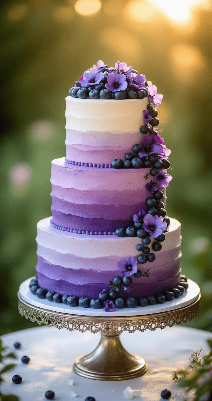 An elegant three-tiered wedding cake with purple ombre frosting, adorned with fresh blueberries, edible violet flowers, and white chocolate shavings, displayed on a silver stand against a garden backdrop in golden hour lighting.