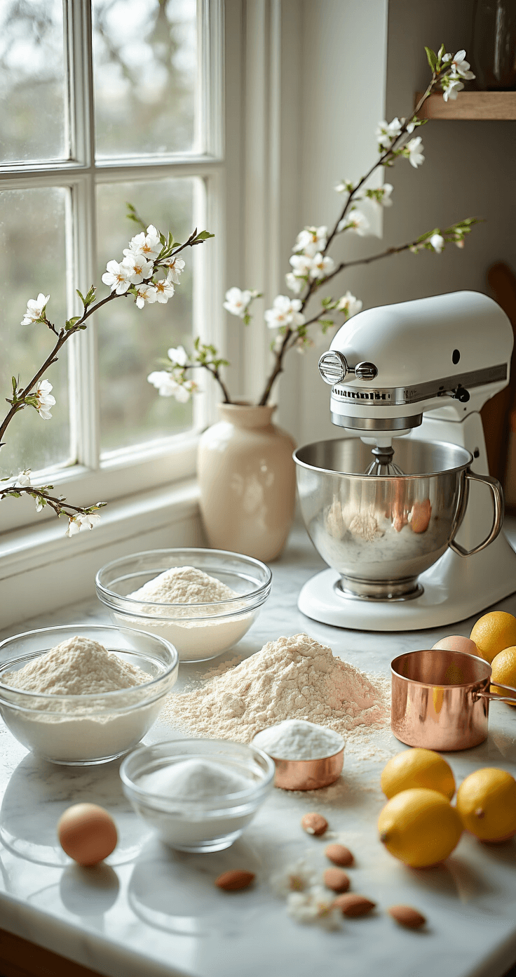 A well-lit kitchen countertop displays ingredients for an almond blossom wedding cake, including bowls of sifted flour, eggs, sugar in a copper cup, and decorative almond blossoms and citrus fruits, with a vintage stand mixer in the background.