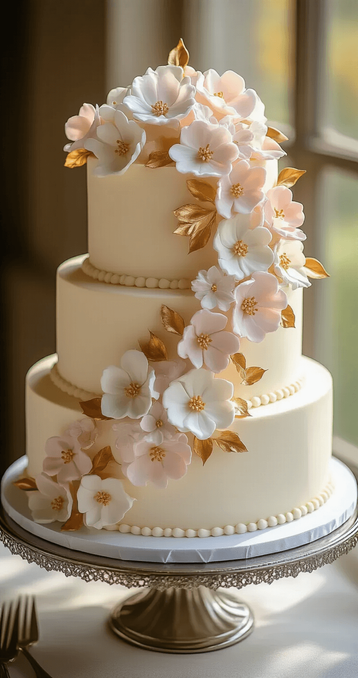 A three-tiered wedding cake adorned with pastel hand-piped buttercream flowers and delicate gold leaf, displayed on a silver cake stand, illuminated by warm light with a blurred background.