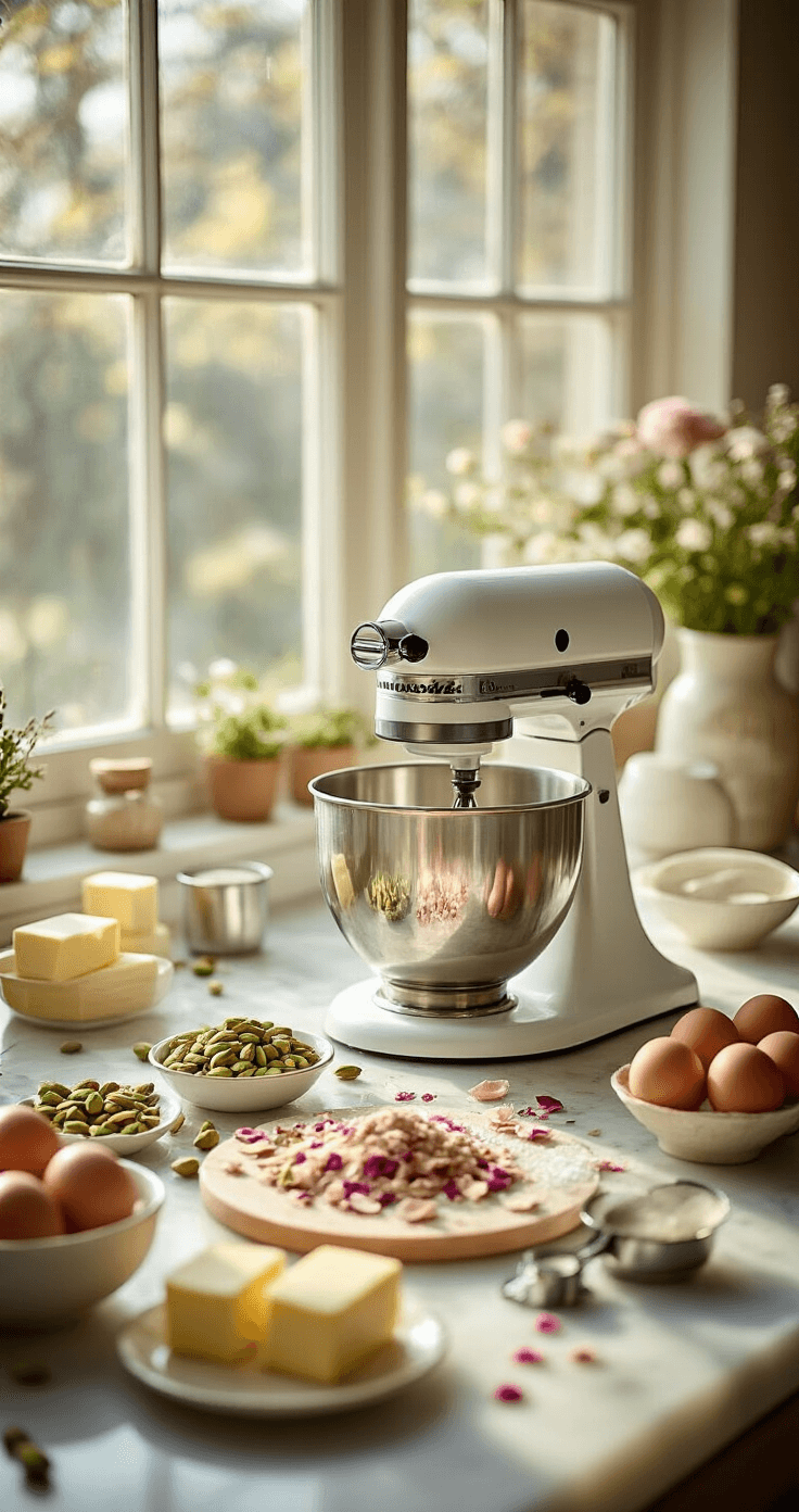 Elegant kitchen scene with sunlight illuminating a marble countertop filled with ground cardamom pods, crystalline sugar, farm-fresh eggs, and dried rose petals, featuring a stand mixer and softening butter, alongside scattered pistachios and measuring tools.