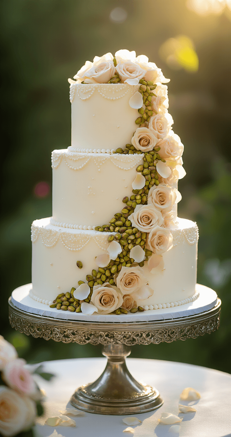 Stunning three-tiered wedding cake with white frosting, adorned with fresh rose petals and crushed pistachios, displayed on a silver stand against a garden backdrop, illuminated by golden light.