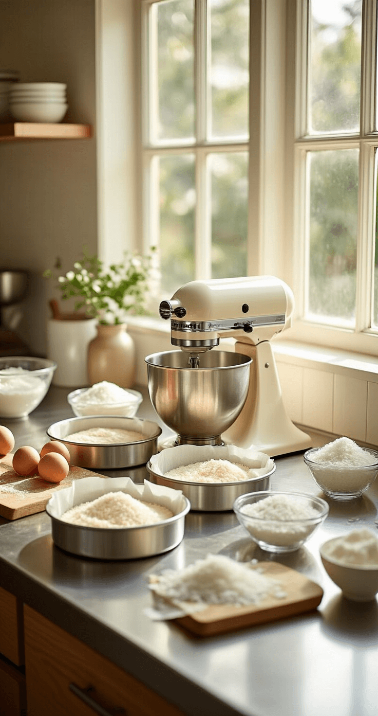 A sunlit professional kitchen with stainless steel counters, featuring three lined cake pans, a cream-colored stand mixer, and measured ingredients like flour, sugar, eggs, and coconut, illuminated by natural light.