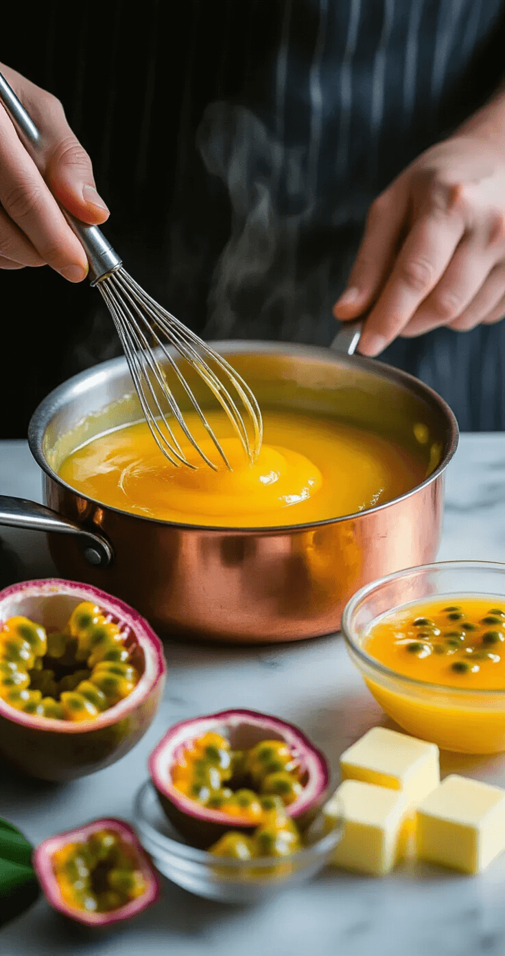 Close-up of vibrant yellow-orange passionfruit curd being whisked in a copper saucepan, with steam rising in golden afternoon light; a glass bowl of fresh passionfruit pulp and softening butter cubes on a marble surface are nearby, as a chef's hands create ripples in the glossy mixture.