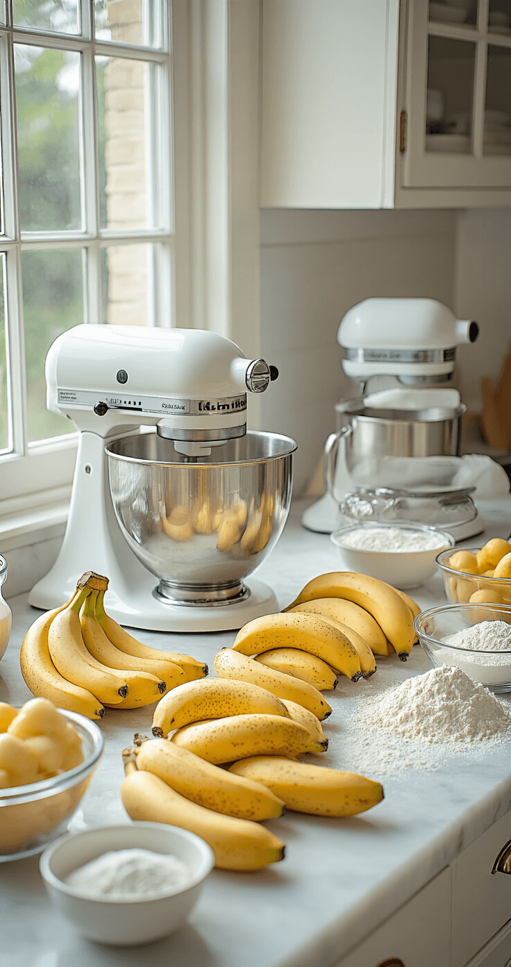 A bright kitchen scene with neatly arranged ripe bananas and measured ingredients in glass bowls on a marble countertop, featuring a professional stand mixer and a scale, illuminated by soft morning light.