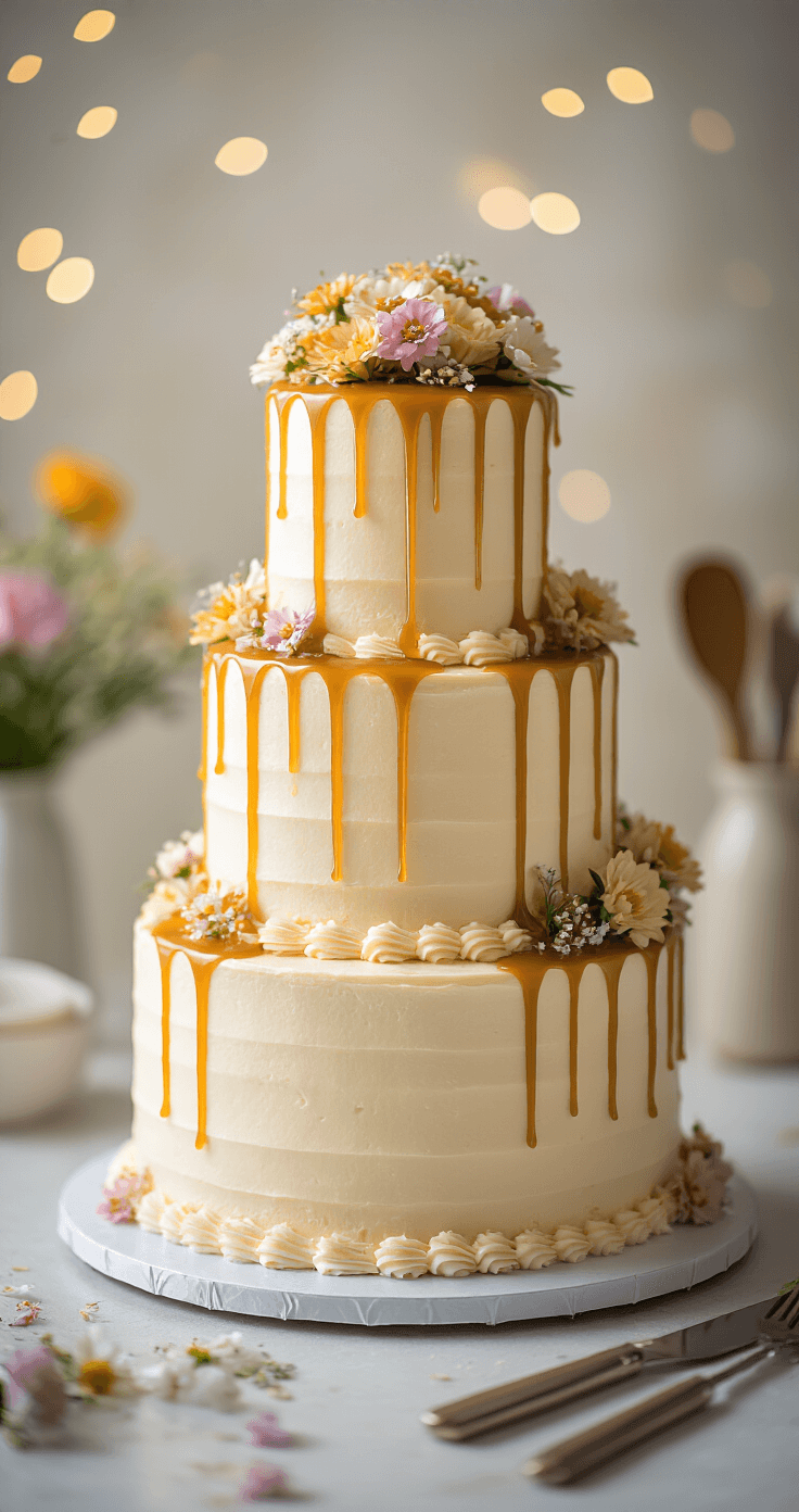 Close-up of golden caramel artistically dripping down a three-tiered white cream cheese frosted wedding cake, with soft bokeh, edible flowers, and cake decorating tools in the background.