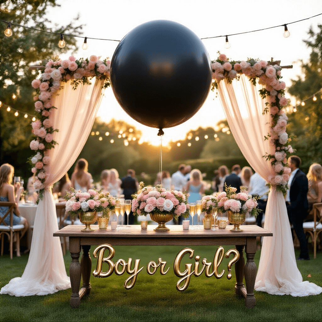 A sunlit garden party features a dramatic gender reveal setup with a large black balloon, gold lettering, and rustic wooden table adorned with sheer white fabric. Blush pink and powder blue floral arrangements in vintage milk glass vases surround the balloon. Guests enjoy champagne on a manicured lawn under soft string lights, with an ornate gold balloon arch in the foreground spelling 'Boy or Girl?' in elegant cursive.