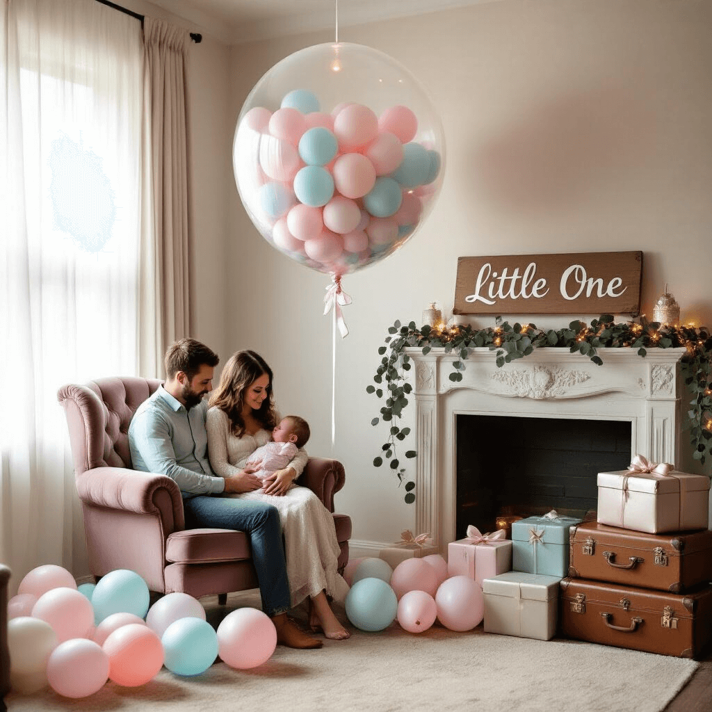 A cozy living room gender reveal setup with soft morning light, featuring a plush velvet armchair, pastel balloons, and a giant clear balloon filled with pink or blue confetti. Vintage suitcases with metallic gifts sit nearby, and a sign reading 'Little One' rests against a decorated fireplace mantel.