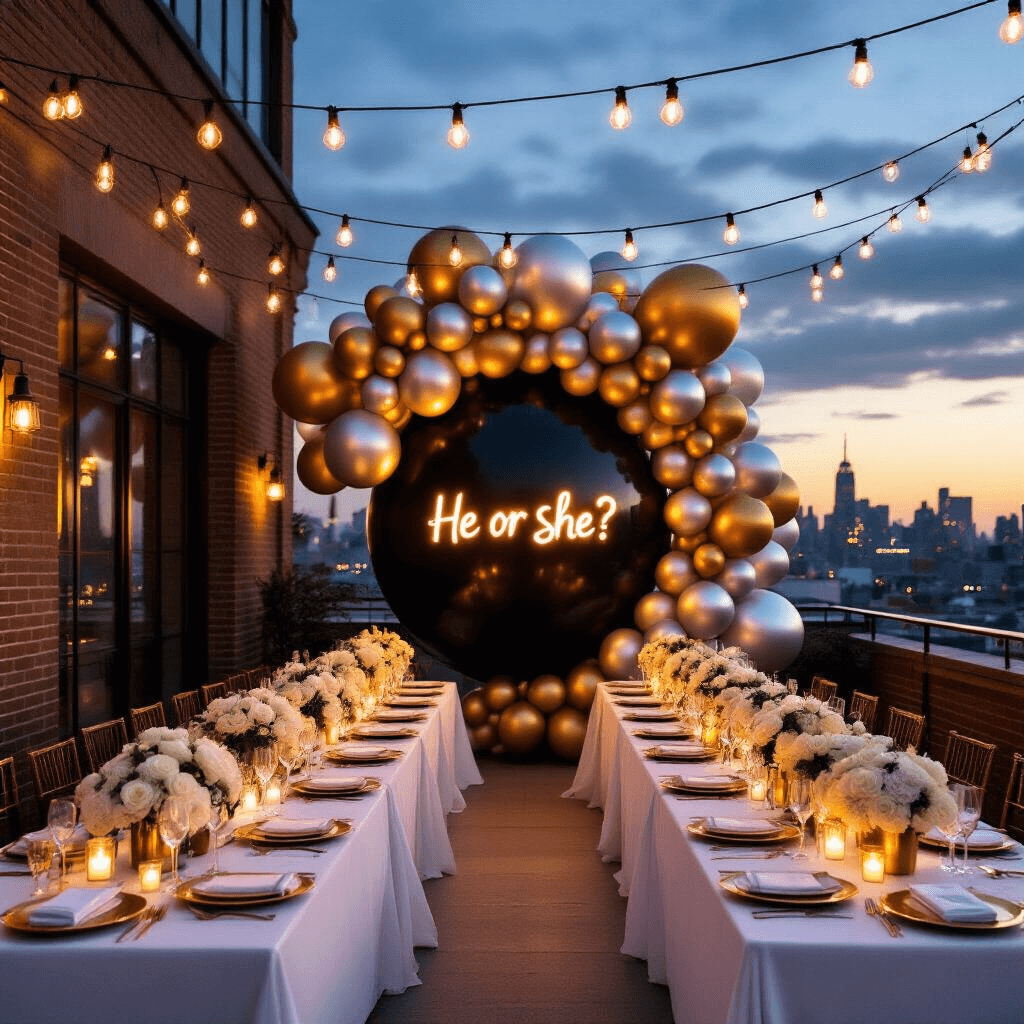 A chic rooftop terrace at twilight, elegantly set for a gender reveal dinner party with white linens, gold chargers, crystal stemware, and white rose centerpieces, featuring a glowing 'He or She?' neon sign against a brick wall and a balloon installation of a black sphere surrounded by metallic gold and silver balloons, with a twinkling cityscape in the background.