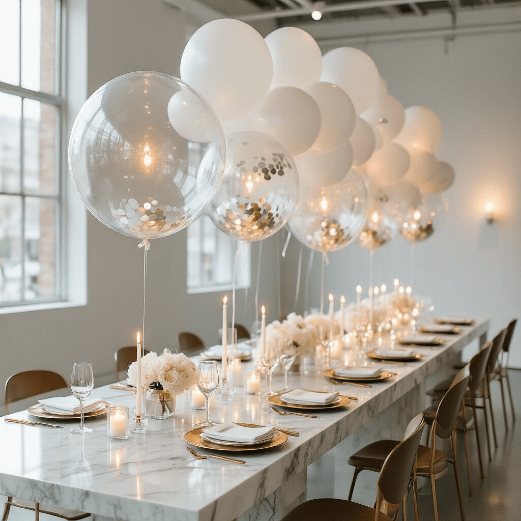 A luxurious minimalist wedding reception in a modern art gallery, showcasing stark white walls adorned with an avant-garde balloon installation of oversized clear bubble balloons filled with metallic confetti. Long marble tables feature gold-rimmed place settings and sleek centerpieces of single statement balloons on lucite stands, illuminated by flickering candlelight in frosted glass holders.