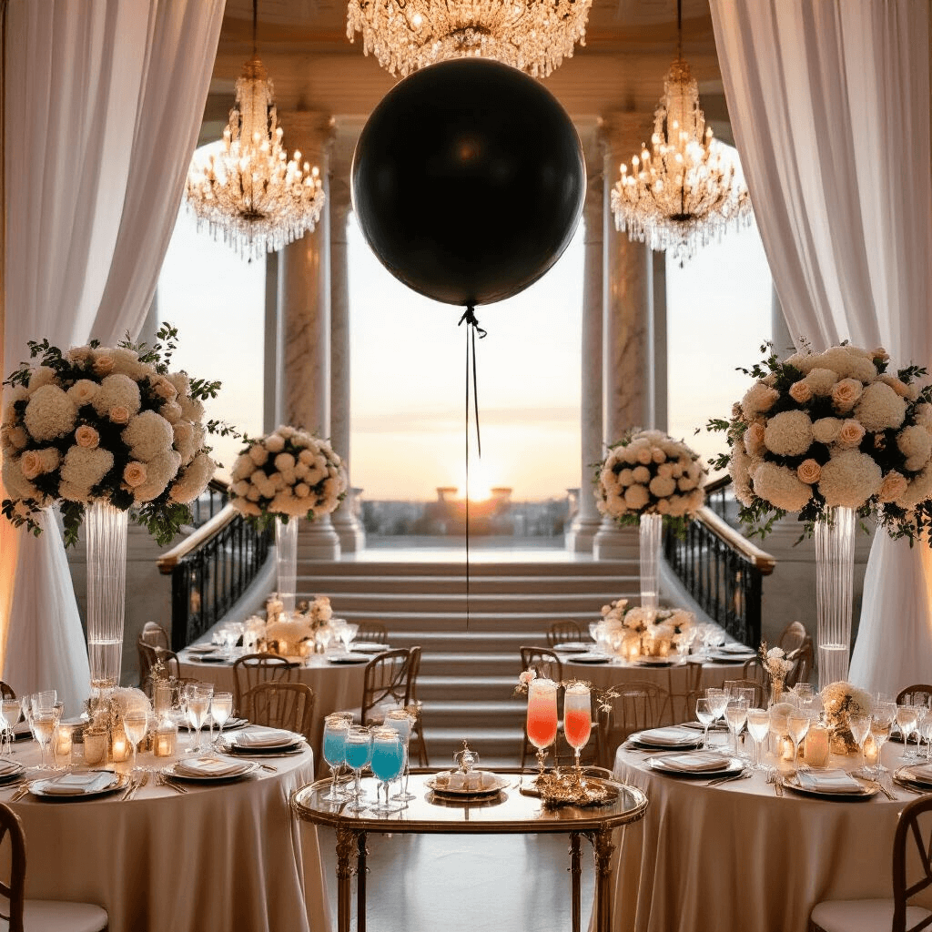 An elegant ballroom gender reveal gala with a sunset backdrop, featuring crystal chandeliers, champagne-colored silk tables adorned with white hydrangeas and blush roses, a grand marble staircase with a large black balloon, flowing white curtains, gold balloon garlands, and a vintage bar cart with pink and blue cocktails garnished with edible flowers.