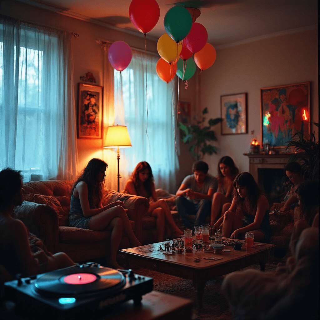 A cozy Toronto house party at dusk, illuminated by soft light through sheer curtains, featuring colorful balloons and guests enjoying themselves. A turntable plays 'House of Balloons', with an elevated view showcasing vintage furniture, modern art, and a vibrant crowd. Warm tones and neon accents create a dreamy atmosphere reflecting celebration and isolation.