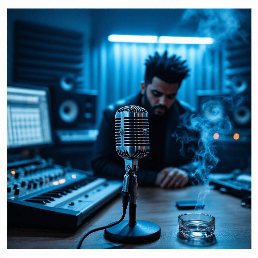 A minimalist recording studio illuminated in cool blue light, featuring a close-up of a vintage microphone with The Weeknd, partially shadowed, leaning in. The background includes sound-absorbing panels and a mix of digital and analog equipment, while a wisp of smoke drifts up from an ashtray, creating a moody atmosphere.
