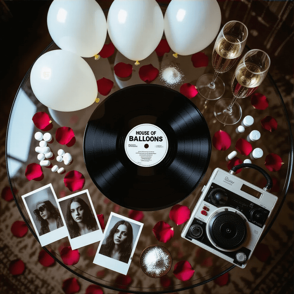 An overhead flat lay of the 'House of Balloons' vinyl record on a glass table, surrounded by white balloons, pill bottles, champagne flutes, blurred polaroid photos, a vintage Walkman with tangled headphones, rose petals, and lines of white powder. The scene features a black, white, red, and gold color palette, highlighting contrasts of luxury and grit.