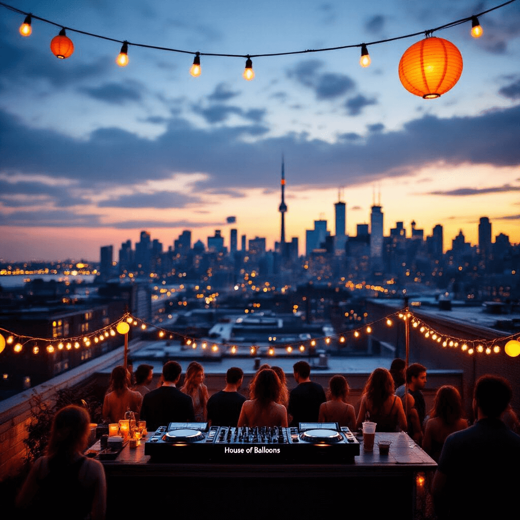 A rooftop party at twilight with string lights and lanterns illuminating guests dancing near a DJ booth, set against the Toronto skyline sparkling in the background, capturing a blend of intimate celebration and urban vastness in golden hour lighting.