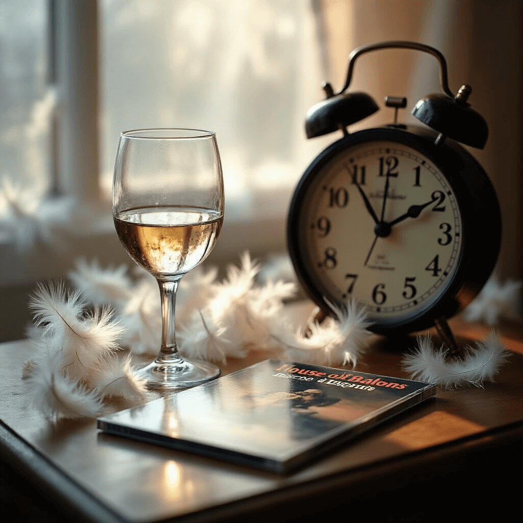 A close-up of a nightstand vignette after a 'House of Balloons' listening party, featuring a half-empty wine glass, scattered white feathers, a vintage alarm clock showing 7:23 AM, and an ajar CD case, all softly illuminated by early morning light.