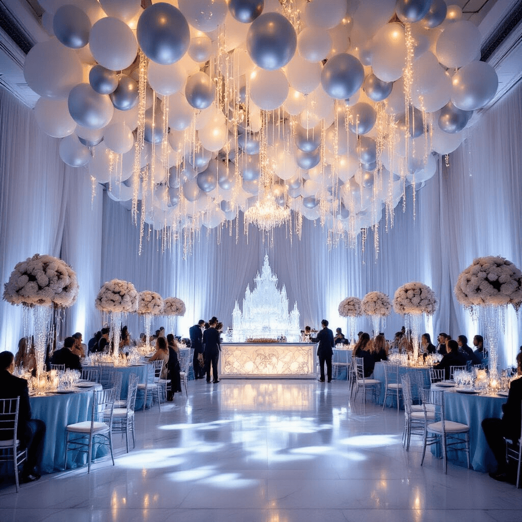A beautifully decorated indoor ballroom for a winter wedding, featuring frosted white and silver balloon arches, icy blue silk linens on round tables, towering white rose centerpieces, fairy lights, and an ornate ice sculpture bar with guests in elegant attire.