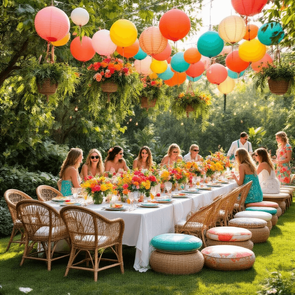 A vibrant summer garden party set in golden hour sunlight, featuring long farmhouse tables with white linens and tropical floral arrangements, colorful balloon garlands overhead, eclectic seating with rattan chairs and floor cushions, string lights, hanging plants, paper lanterns, and a vintage ice cream cart surrounded by laughing guests in bright summer attire.