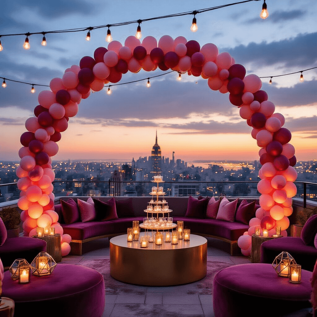An elegantly decorated rooftop terrace at twilight featuring a balloon arch in ombré shades, low velvet cocktail tables with gold terrariums, plush lounge seating with jewel-toned pillows, a sparkling champagne tower, and a live jazz trio, all against a backdrop of twinkling city lights and a colorful sunset sky.