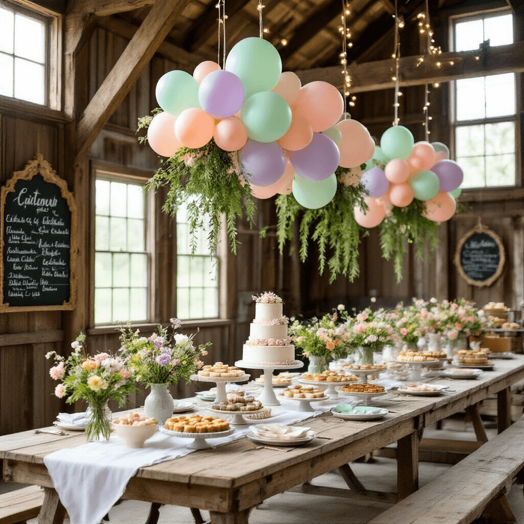 A whimsical spring celebration inside a rustic barn, with pastel balloons, long wooden tables set with white runners and wildflower bouquets, floral hoops with fairy lights, a tiered naked cake, assorted pies, and hand-lettered chalkboard menus.