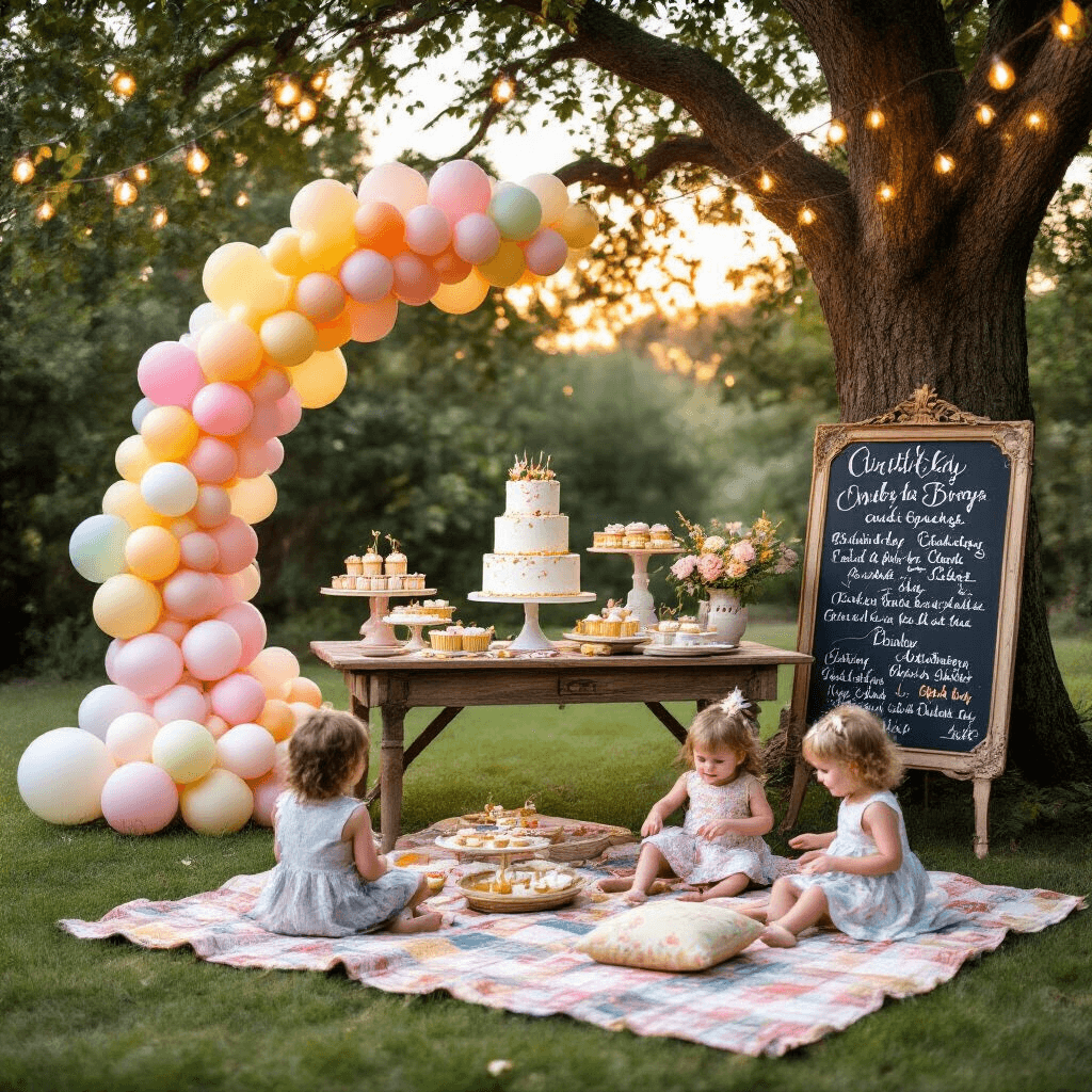 A whimsical backyard birthday celebration featuring a pastel ombré balloon arch, a rustic dessert table with a tiered cake and cupcakes, fairy lights, mismatched china, gold cutlery, and children playing on a picnic blanket, with oversized confetti balloons and a chalkboard sign detailing the festivities.