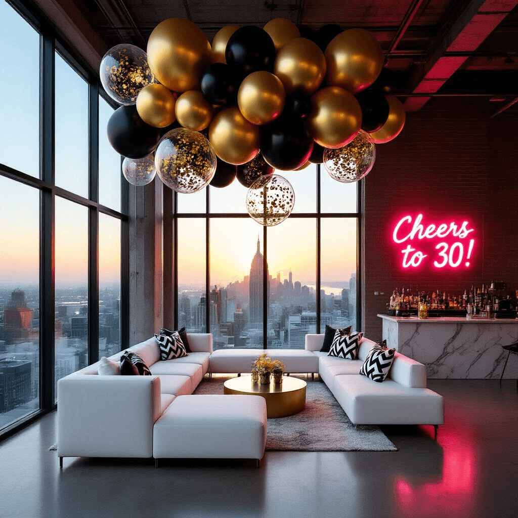 A modern loft space decorated for a stylish 30th birthday party, featuring floor-to-ceiling windows with city views, a dramatic metallic balloon installation, white lounge furniture with geometric black and white pillows, and a neon sign saying 'Cheers to 30!' illuminating a marble bar where bartenders prepare cocktails.