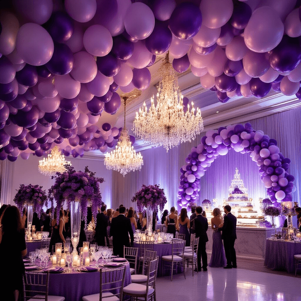 An elegant ballroom decorated for a gala, featuring cascading lavender and deep plum balloons, crystal chandeliers, round tables with silver linens, tall glass vases of floating orchids, a balloon arch, a dessert display, and guests in formal attire near a marble bar adorned with purple wisteria.