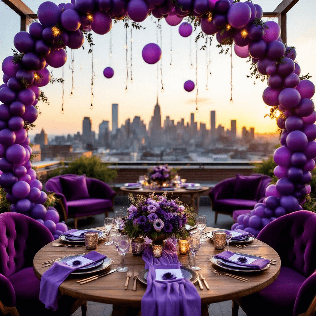 An intimate rooftop terrace at golden hour decorated for a romantic purple-themed wedding, featuring a circular balloon arch, wooden farm tables with gauzy runners, and cozy seating areas, all illuminated by warm sunlight and fairy lights.