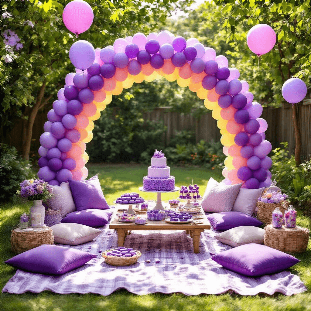 A whimsical children's birthday party in a sun-drenched backyard featuring a balloon rainbow arch in shades of purple, scattered picnic blankets and low tables with purple cushions, a dessert cart overflowing with purple treats, clusters of helium balloons, and charming DIY elements, all viewed from an overhead angle.