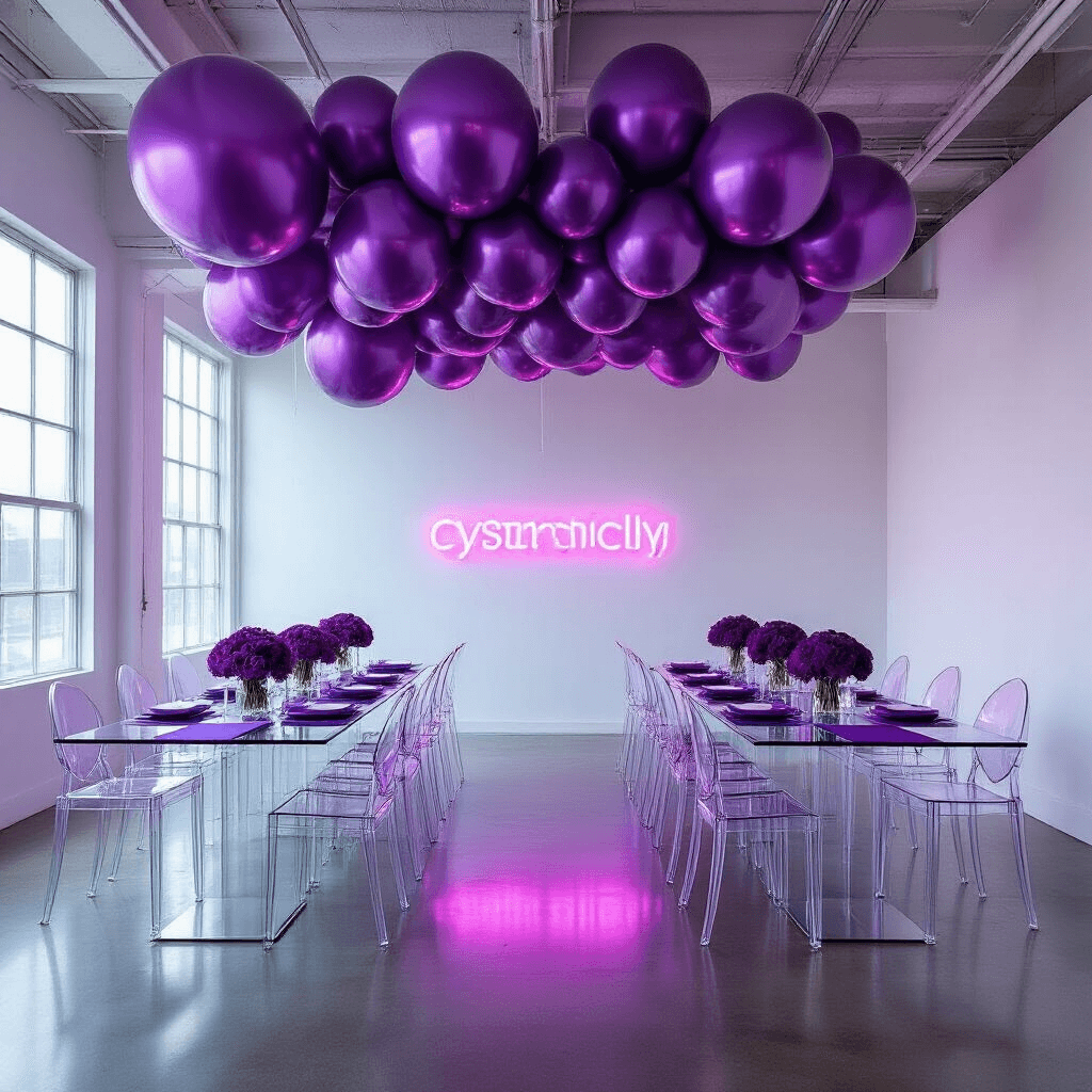 A sleek corporate event in an ultra-modern loft, featuring minimalist white walls accented with purple, a dramatic balloon installation with metallic and matte purple spheres, Lucite ghost chairs around acrylic tables with geometric placemats, dark purple calla lilies in clear vases, and a neon purple company logo, all reflecting on the polished concrete floor.