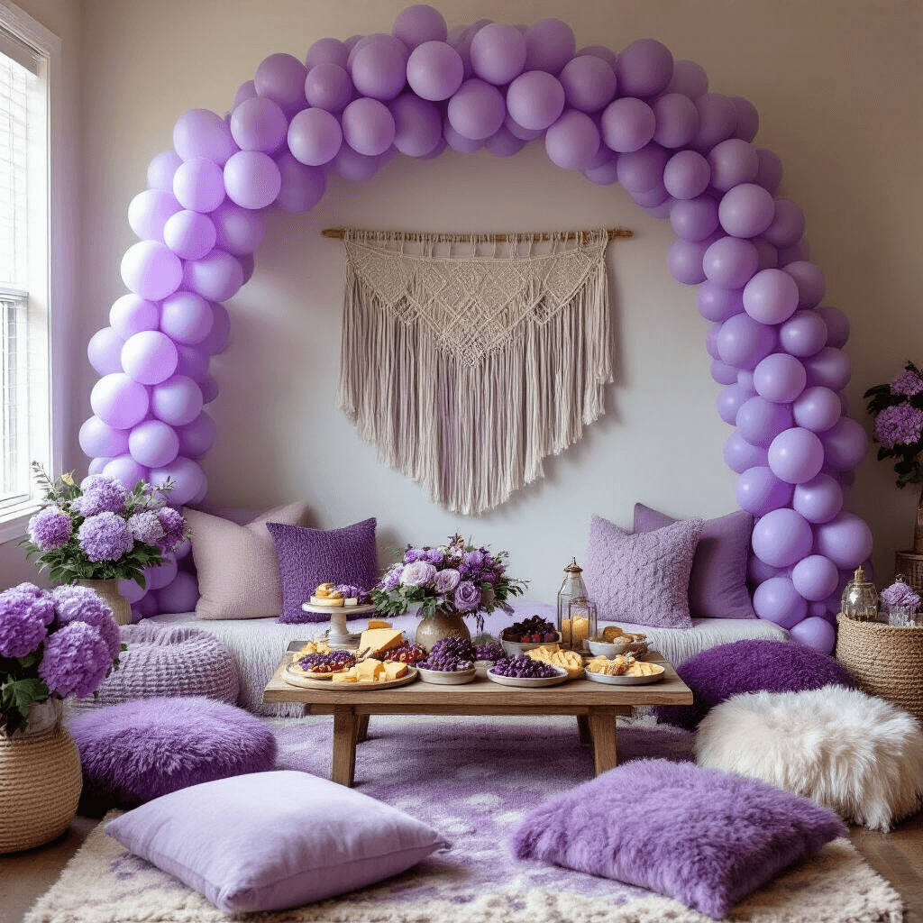 A cozy purple-themed baby shower setup featuring soft lavender balloons, a grazing board with purple fruits and cheeses, plush floor cushions, and a macramé wall hanging. The scene is illuminated by mercury glass lanterns, with floral accents of purple hydrangeas and eucalyptus enhancing the intimate atmosphere.
