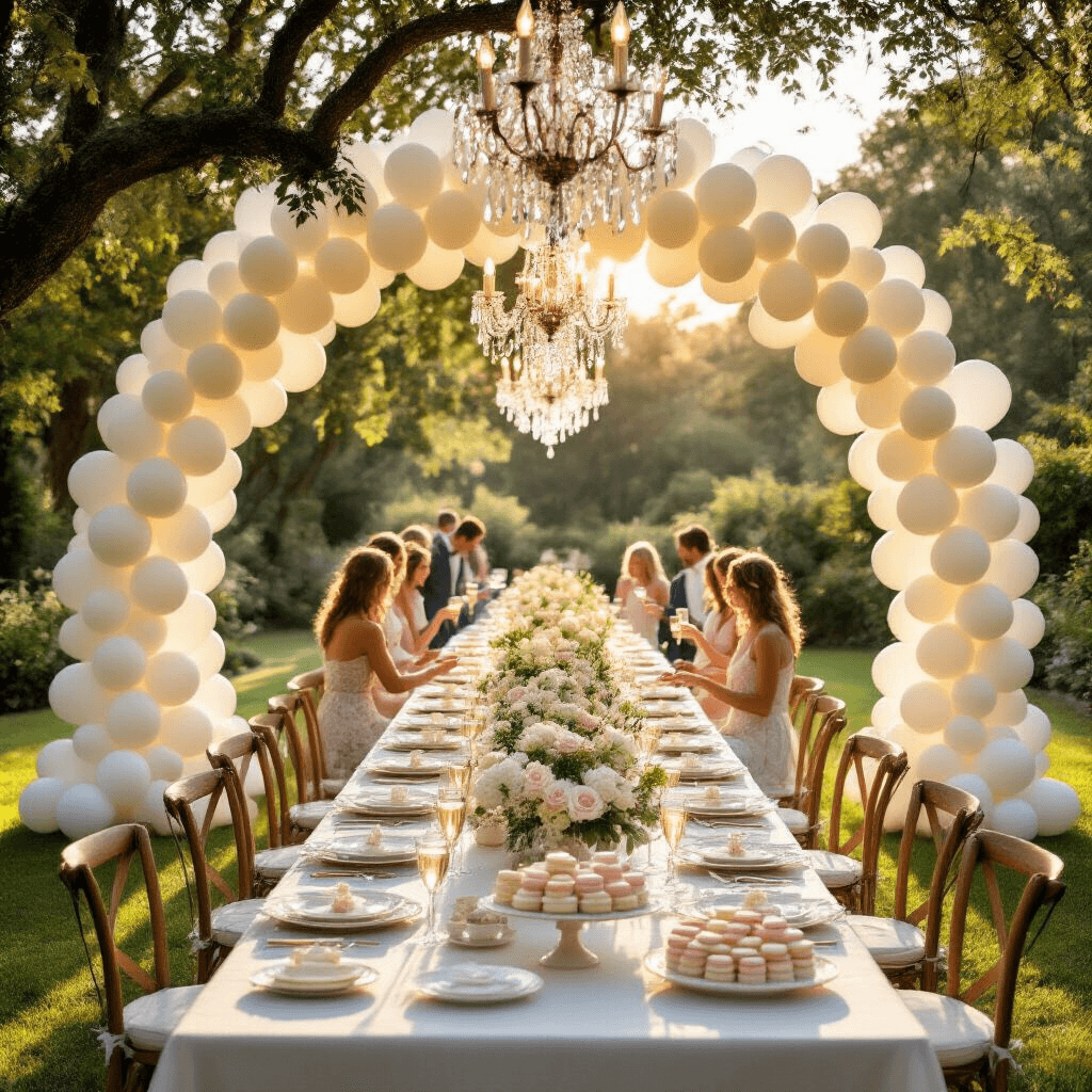 A sunlit garden party with a white balloon arch framing a long farmhouse table set with elegant linens and floral centerpieces, crystal chandeliers hanging from trees, guests mingling and laughing on manicured grass, and a dessert cart filled with tiered cakes and pastel macarons, captured from an elevated angle.