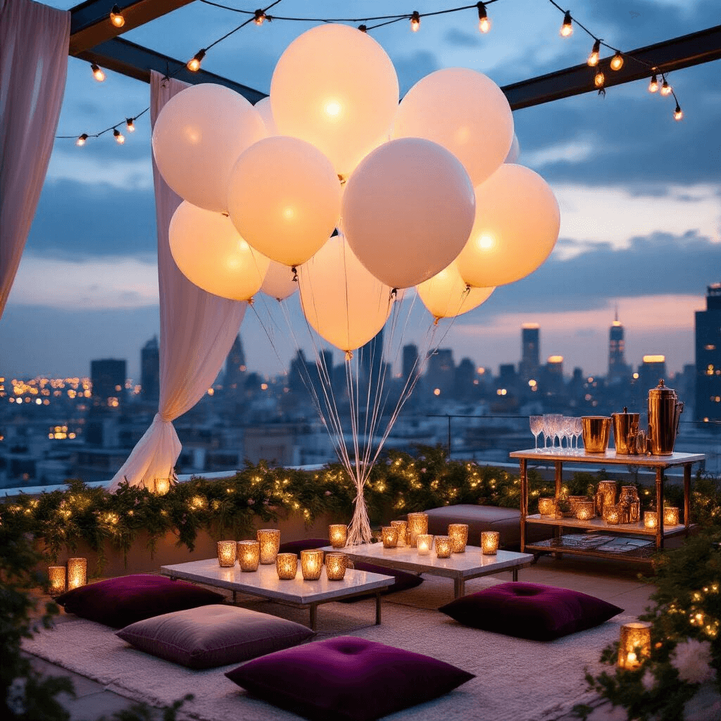 An intimate rooftop celebration with oversized white balloons and twinkling fairy lights, featuring low tables with mercury glass votives and lush greenery, plush velvet cushions in jewel tones, a marble-topped bar cart, and string lights overhead, all set against a twilight cityscape.