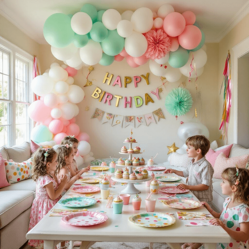 A vibrant children's birthday party scene in a sunlit living room, featuring a cascading balloon installation, colorful table setting, oversized tissue paper flowers, metallic streamers, a hand-painted birthday banner, and a tiered cake stand with cupcakes.