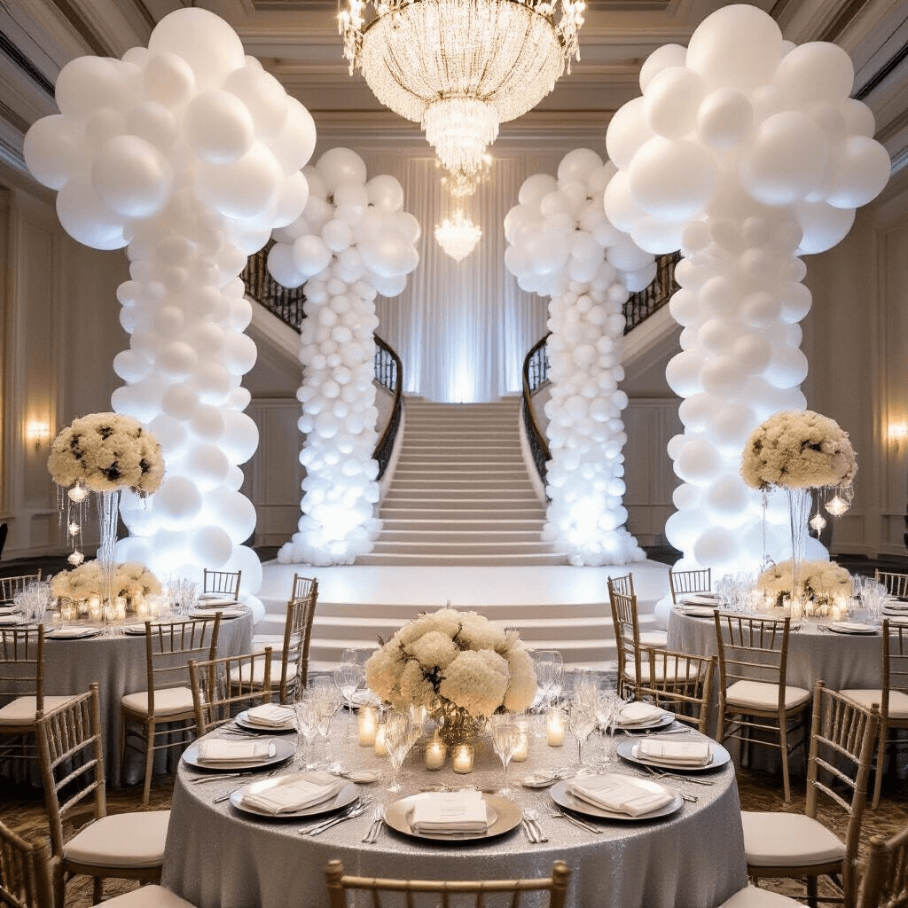 Ethereal winter wonderland wedding reception in a grand ballroom, featuring balloon columns flanking a sweeping staircase, round tables with silver linens and elegant centerpieces, and a striking balloon wall backdrop adorned with snowflakes and fairy lights, captured from a low angle to highlight the grandeur.