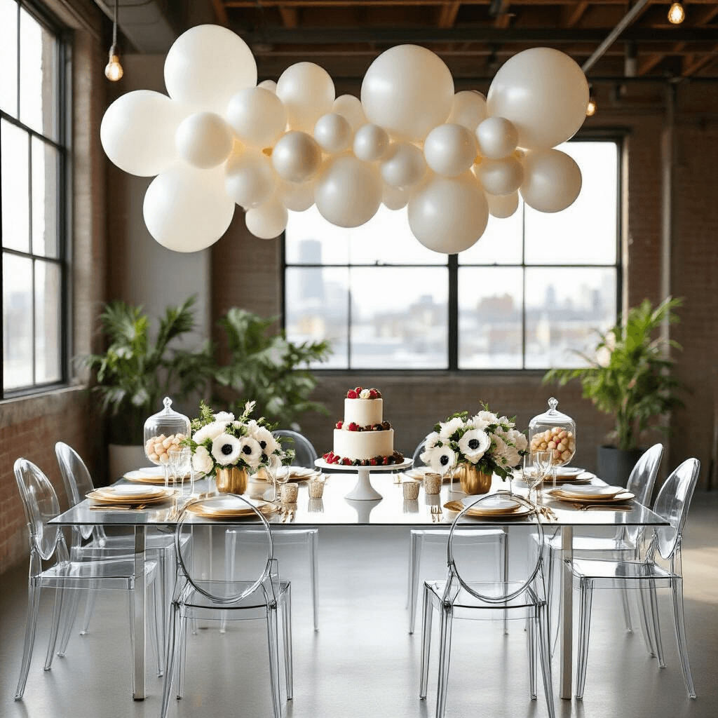Overhead view of a chic modern baby shower in a sleek urban loft, featuring a minimalist balloon installation, ghost chairs around a long acrylic table set with gold-rimmed plates and geometric centerpieces, a dessert station with a naked cake and candy jars, all illuminated by soft morning light.