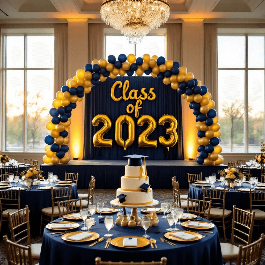 A beautifully decorated indoor ballroom for a graduation celebration, featuring a navy and gold balloon arch framing a 'Class of 2023' stage, elegantly set round tables with navy tablecloths and gold charger plates, and a dessert table with a decorated tiered cake, all illuminated by golden hour light and crystal chandeliers.